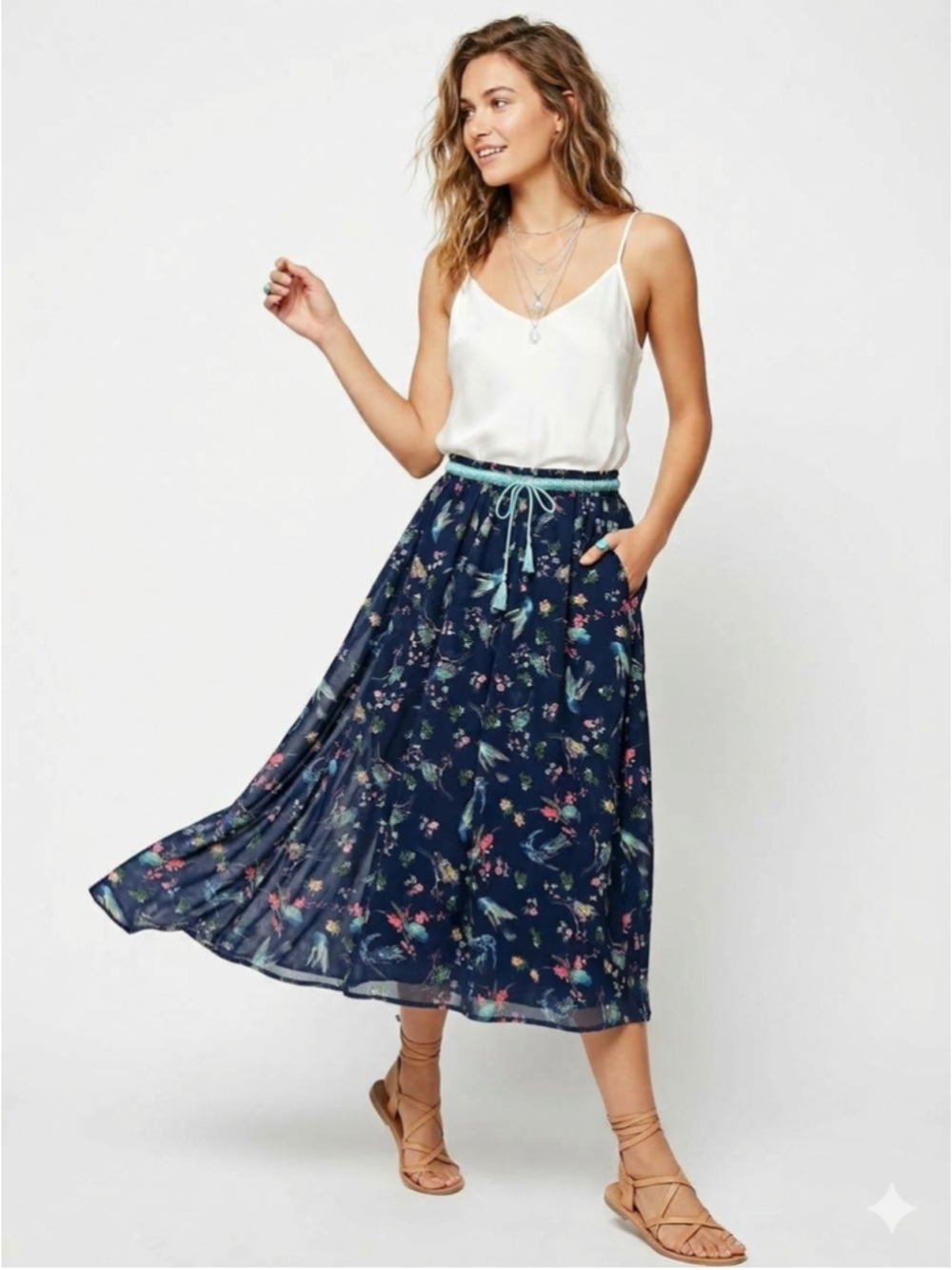 Z&I Women’s Navy Blue Sheer Bird Floral Chiffon A-Line Maxi Skirt - Medium - 923